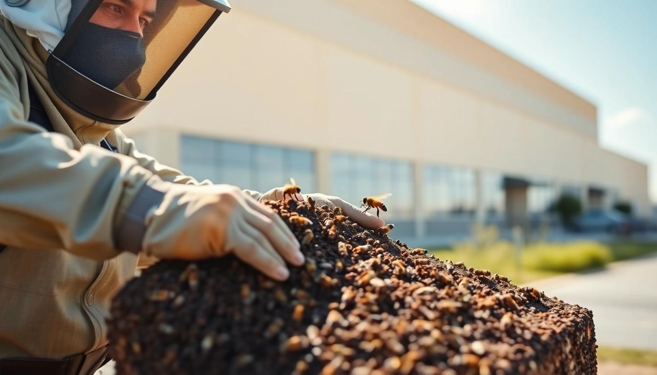 Expert technician performing commercial bee removal from a hive at a commercial property.
