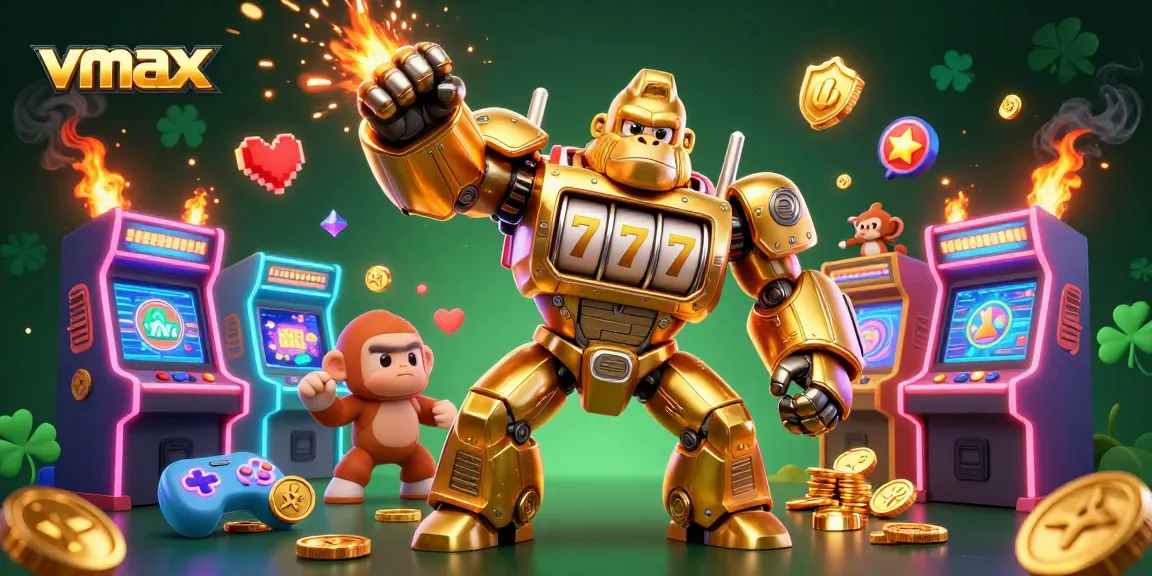 Experience the excitement of vmax casino gaming with a dynamic, colorful illustration of a golden gorilla mech.