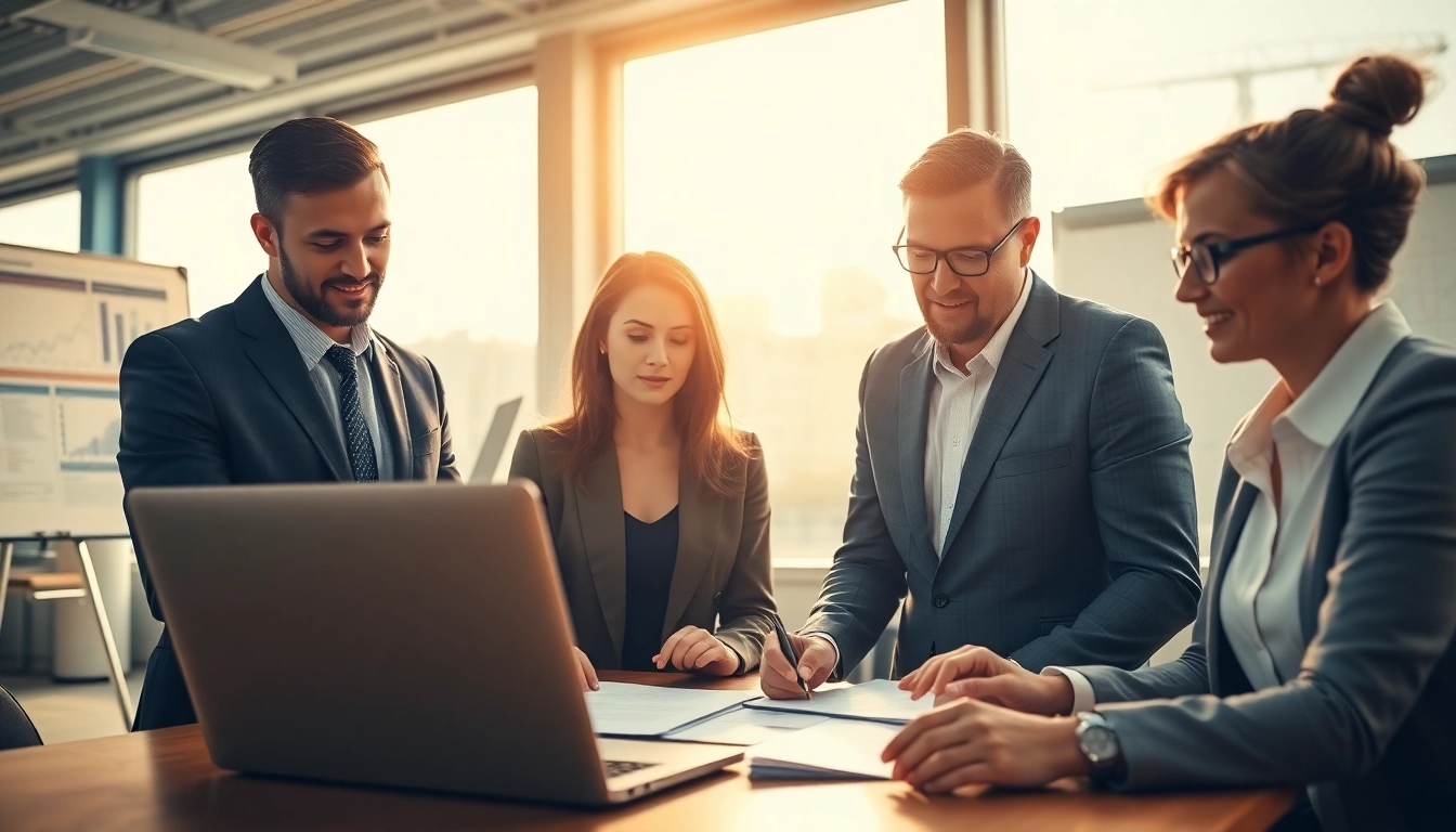 Analyzing federal and state contracts in a collaborative office setting with business professionals.