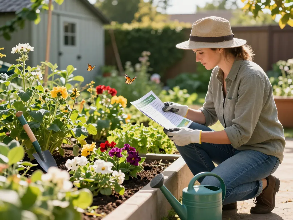 Pest control tips shared in a sunny garden scene with a homeowner examining advice while gardening.