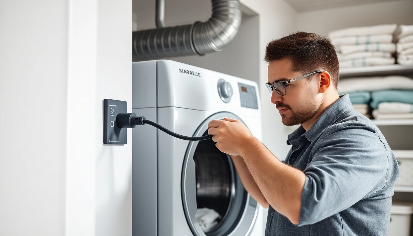 Technician demonstrating a Dryer Hook Up with clear connection features in a bright laundry room.