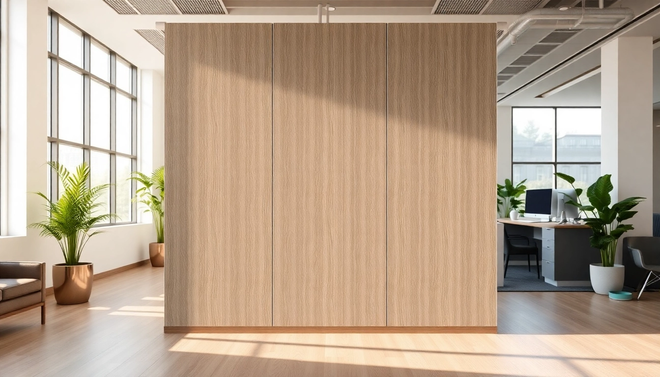Showcasing fire-resistant composite wall panels in a sleek office setting with modern design elements.