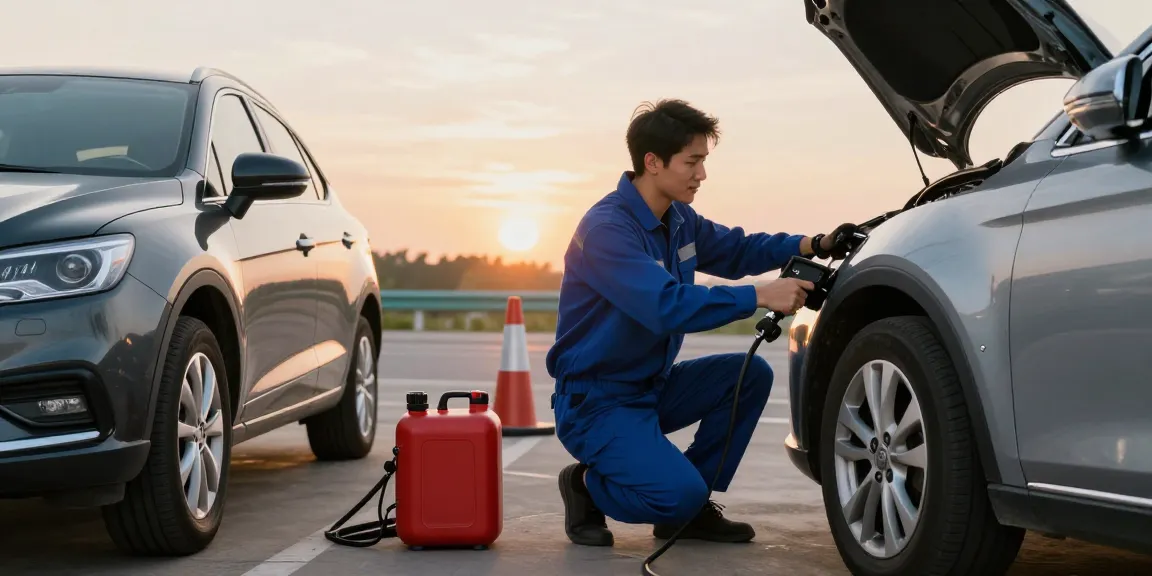 Technician assisting vehicle owner with wrong fuel in car at sunset, showcasing professional roadside service.