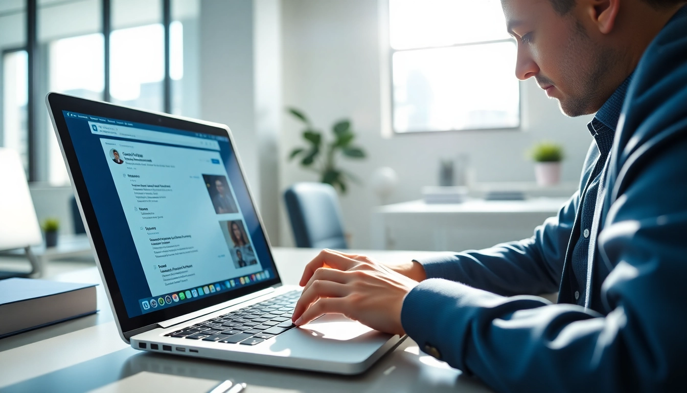 Scrape LinkedIn search results efficiently in a modern office setting with a professional at work.
