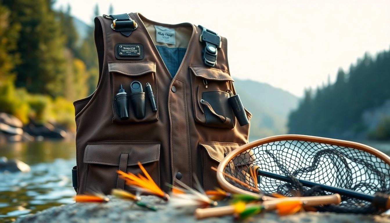 Angler wearing a practical fly fishing vest while preparing gear on a riverbank.