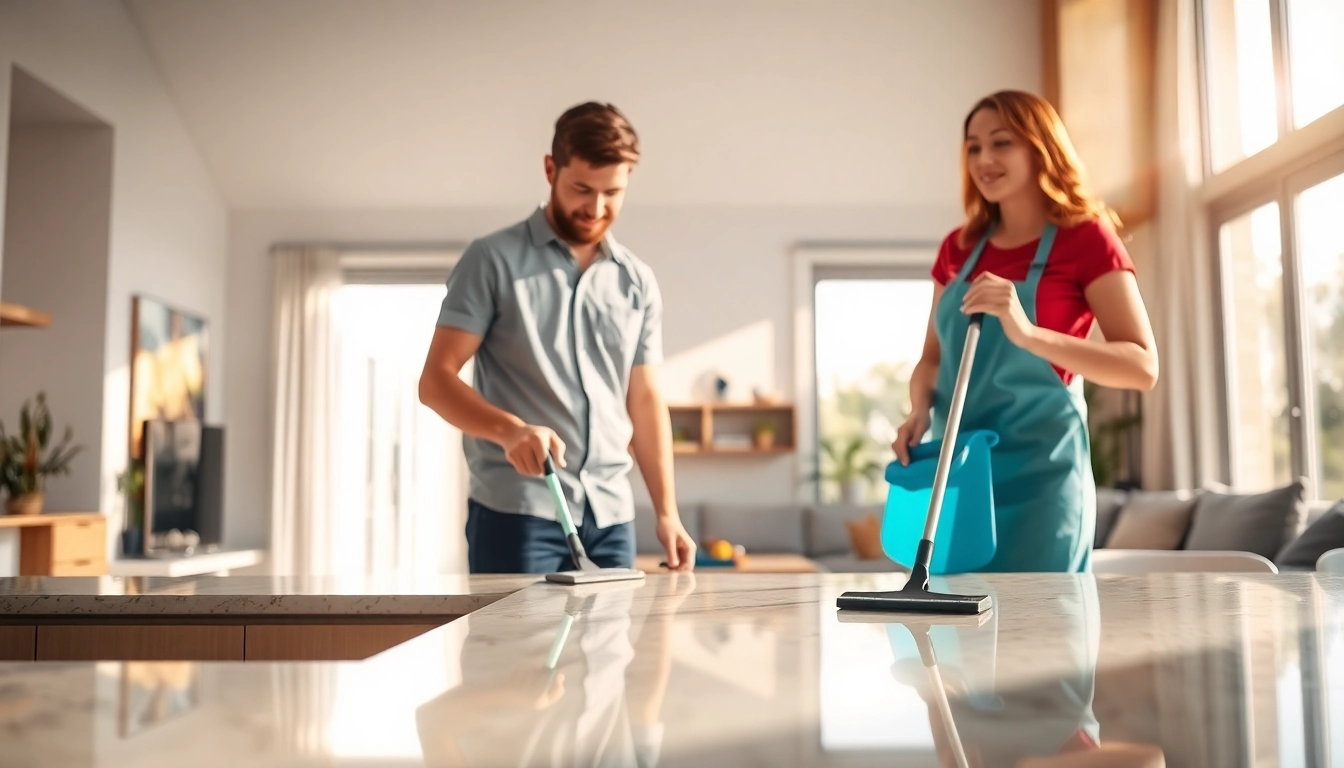 Cleaning Service team diligently cleaning a bright, modern living room with teamwork.