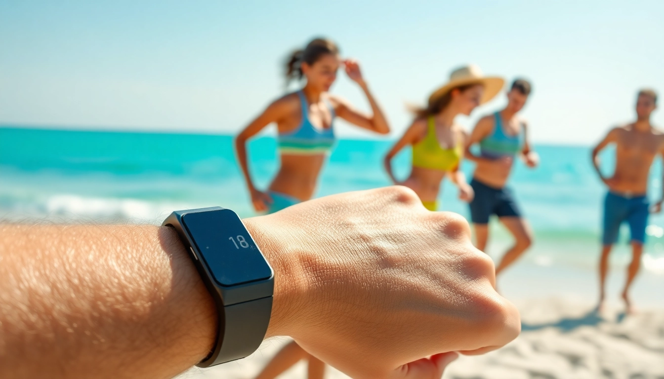 Showcase the sleek fitness tracker Ringconn on an active beach, highlighting its modern design.