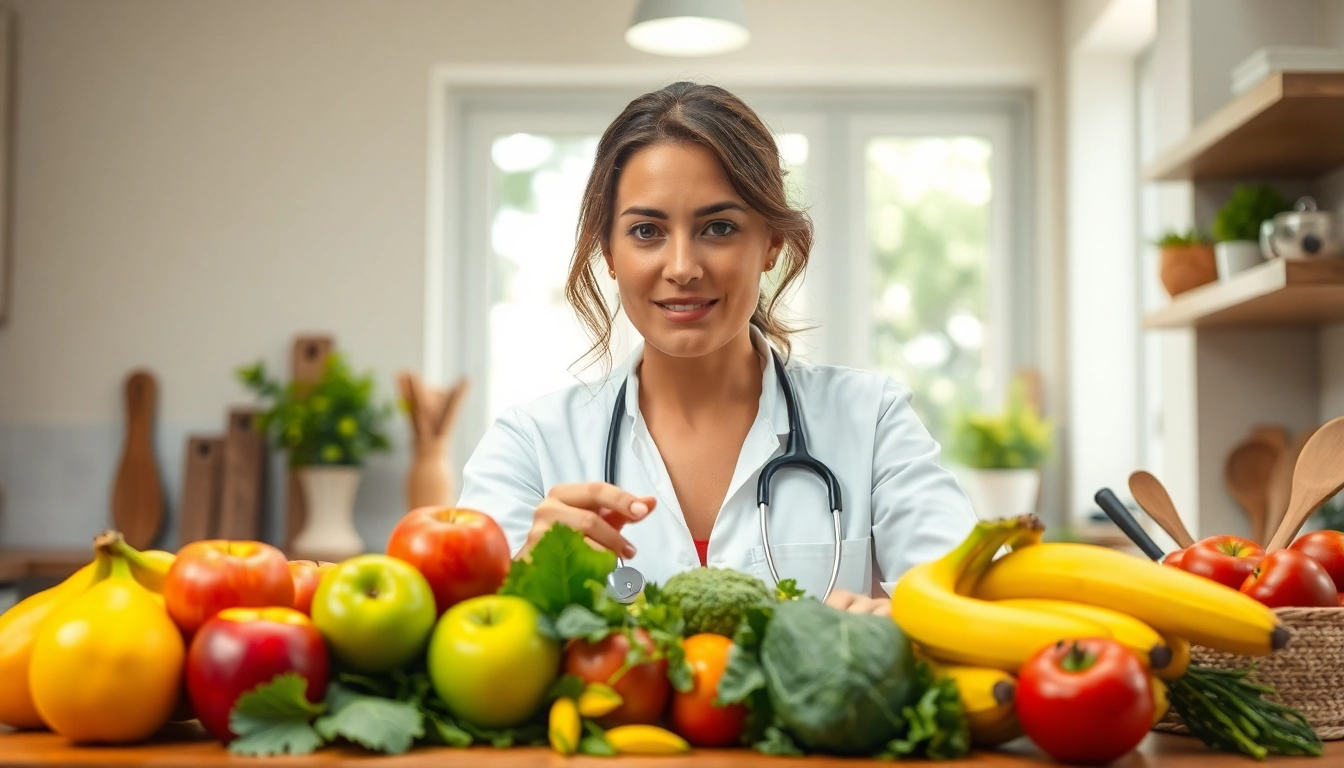 Analyze fresh ingredients on https://healthyvix.com with a professional nutritionist in a bright kitchen.