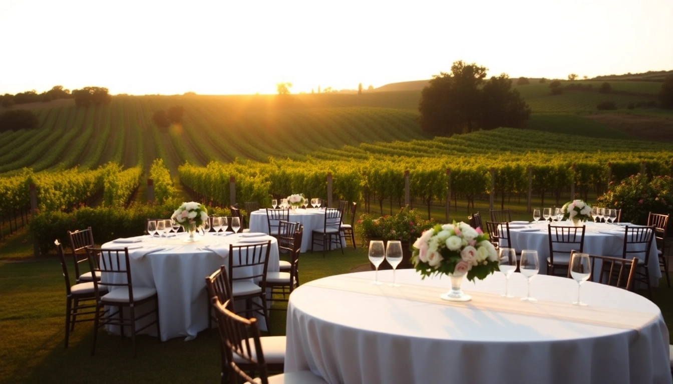 Stunning Clarksburg wedding scene with vineyard views and elegant table settings.