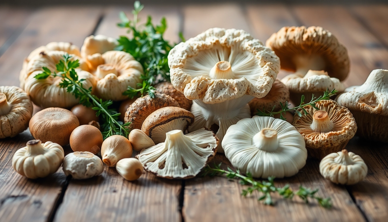 Buy mushrooms online Canada with a vibrant display of fresh mushrooms on a rustic table.