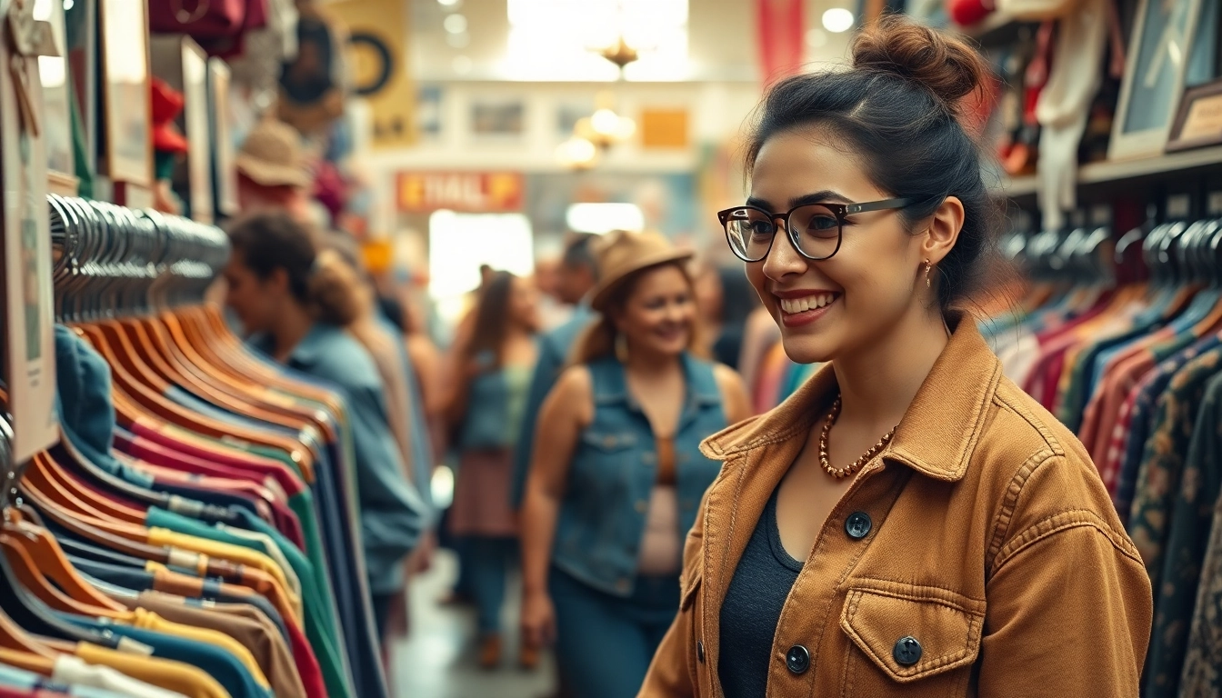 Shop for unique finds at https://thrift-vintage.com/ showcasing a customer in a vintage thrift store.