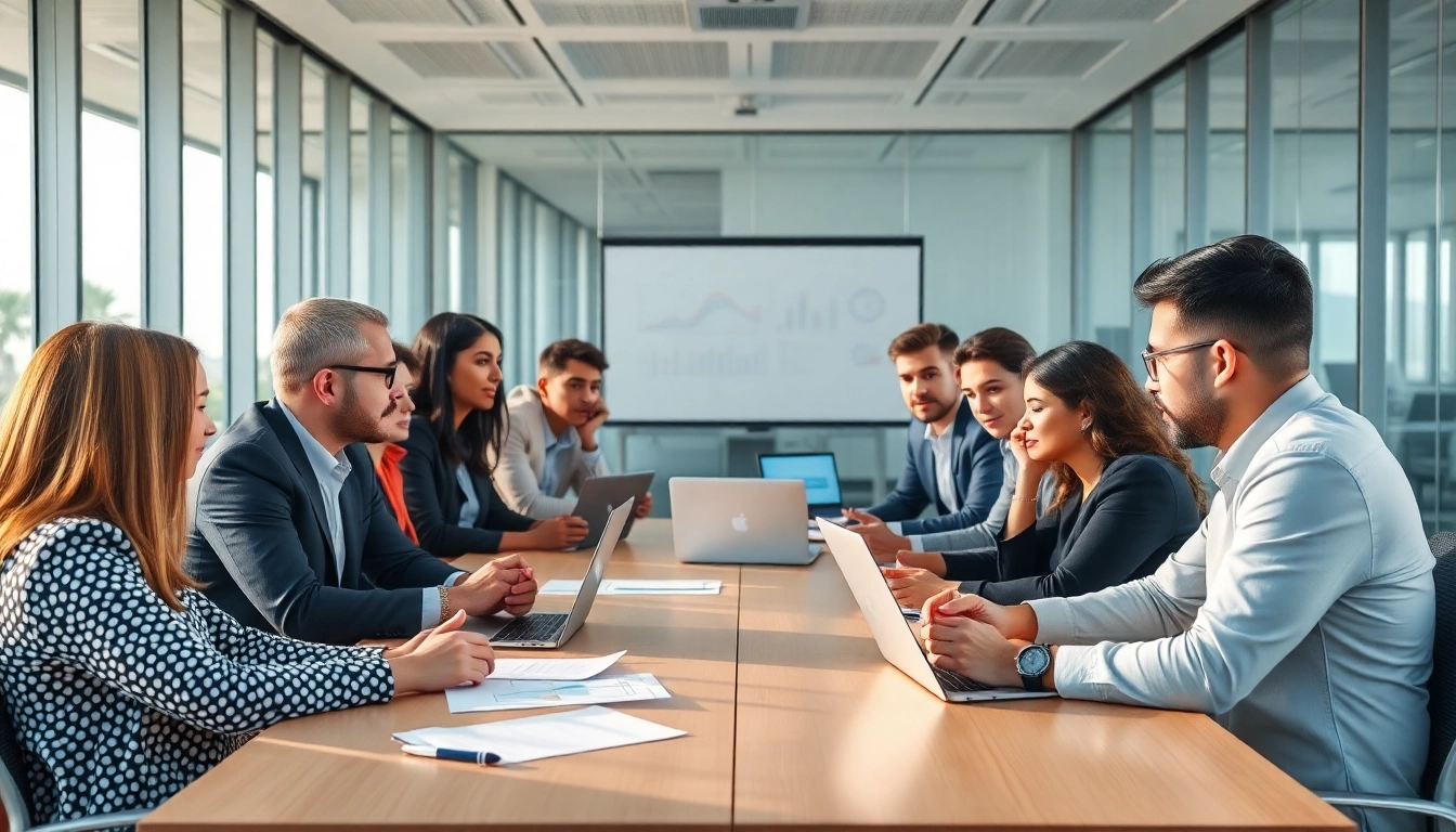 Engaged professionals in a business setting discussing strategies and ideas.