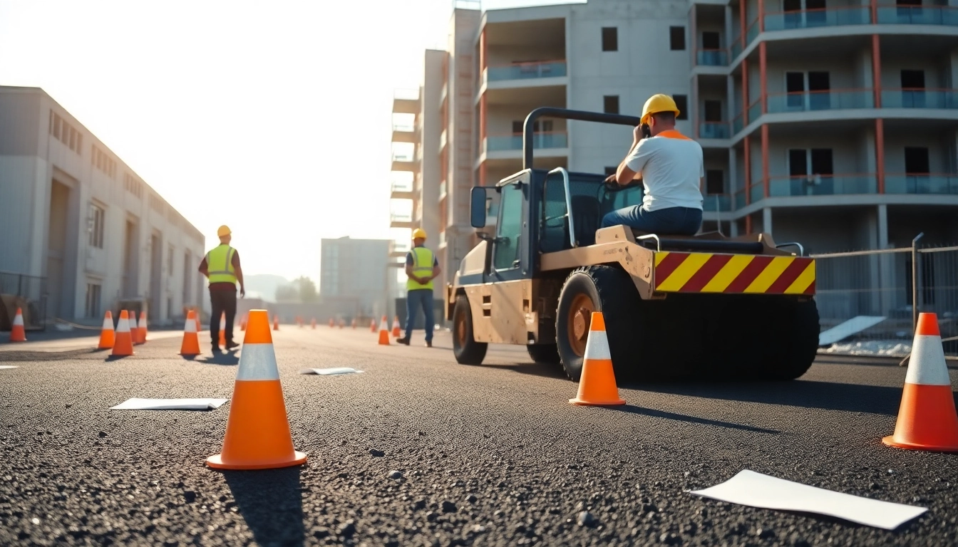 Workers applying surfacing solutions in a vibrant construction scene with paving equipment.