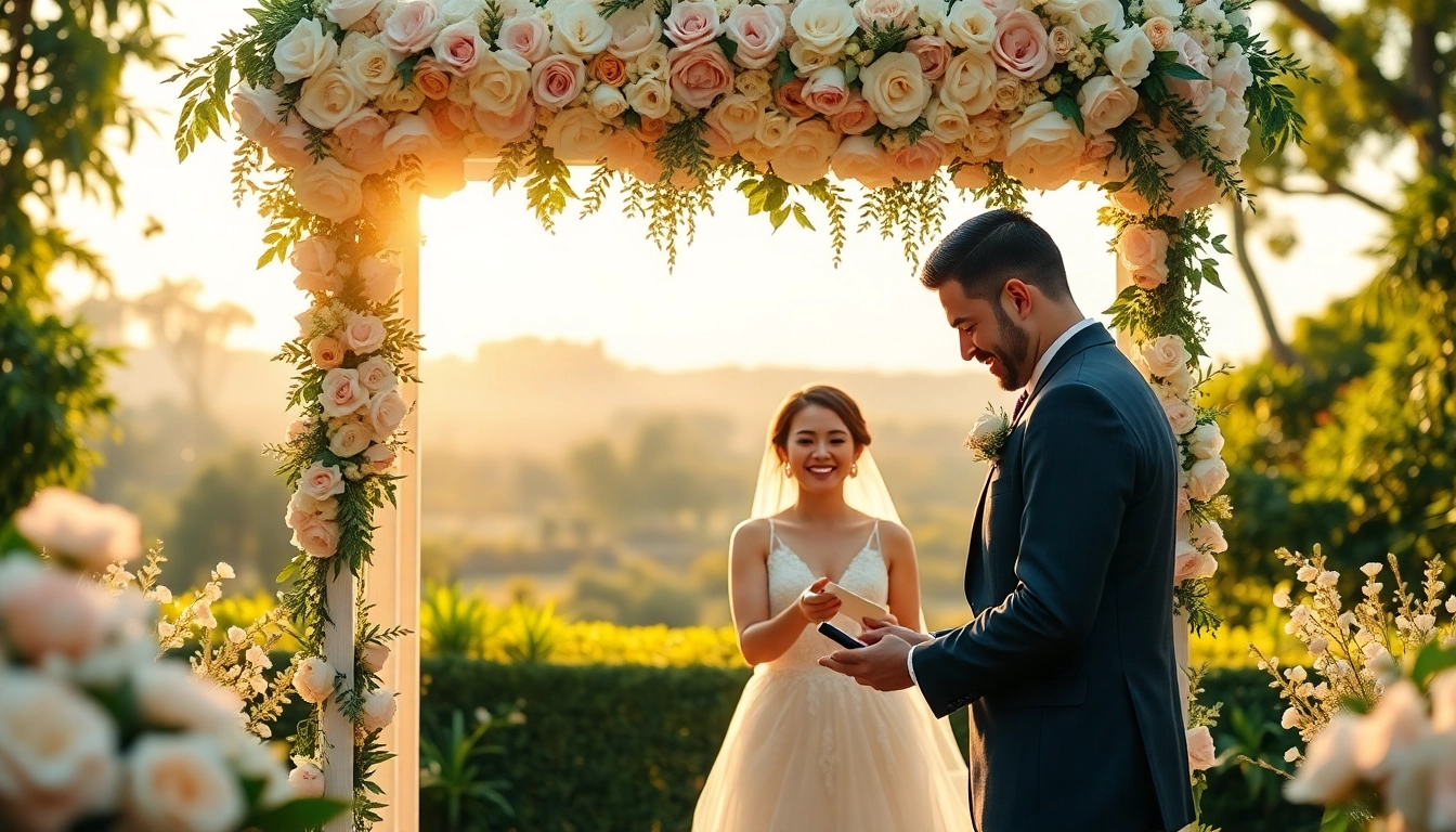 Couple celebrating their wedding in a stunning Jacksonville Wedding Venue, captured during an outdoor ceremony.