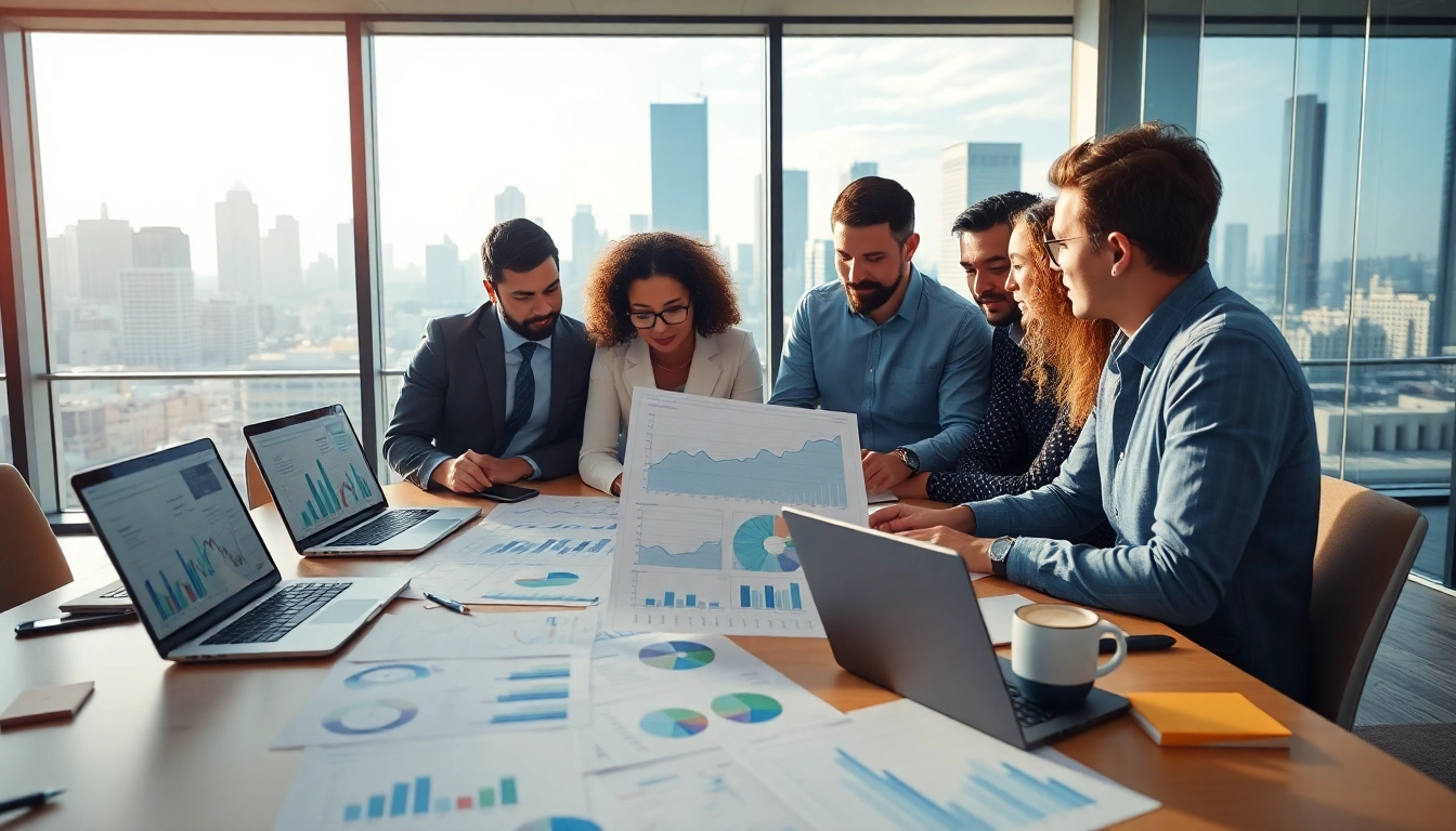 Visualizing a Content Gap Analysis with a team analyzing data and charts in a modern office.