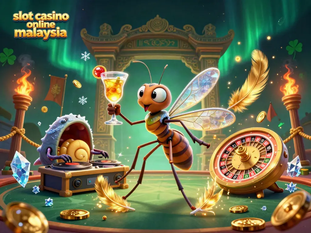 Engage with the vibrant scene of slot casino online malaysia featuring a unique mascot and casino elements.