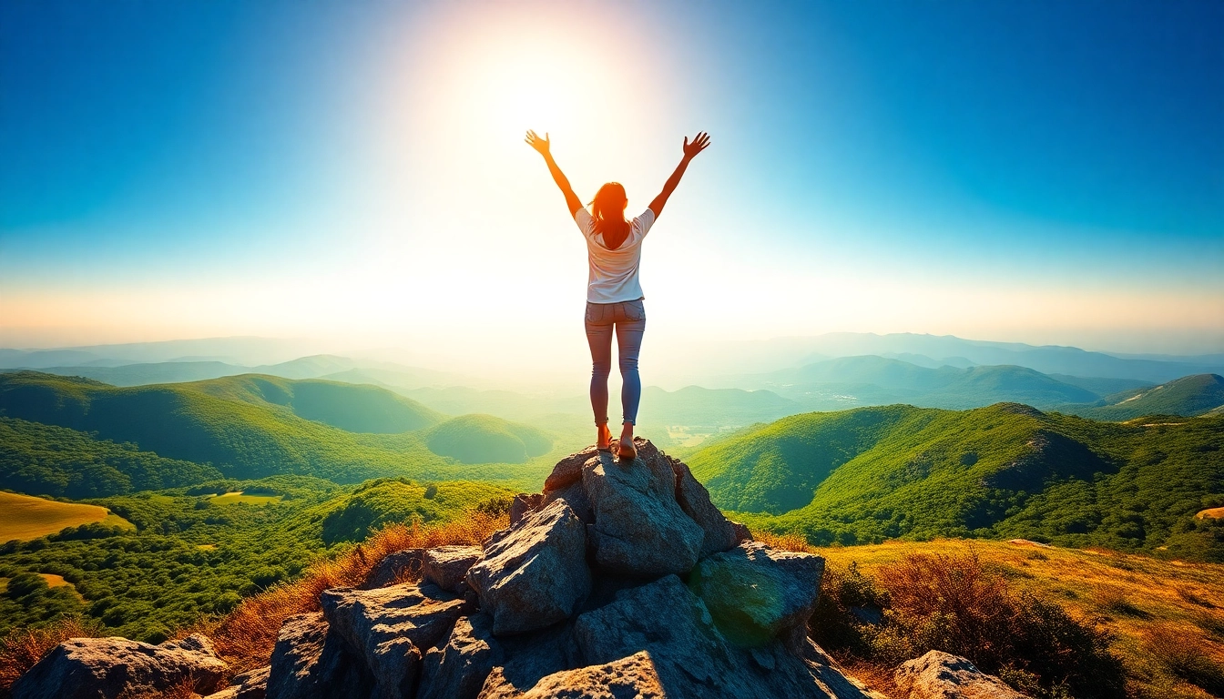 Empower women through confidence coaching, featuring a triumphant woman on a mountain peak.