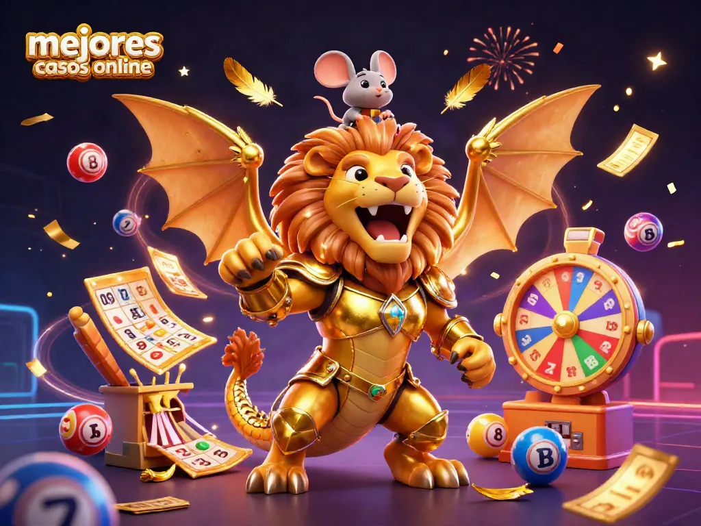 Ilustración 3D de mejores casinos online con chimera dorada y elementos de juego vibrantes.