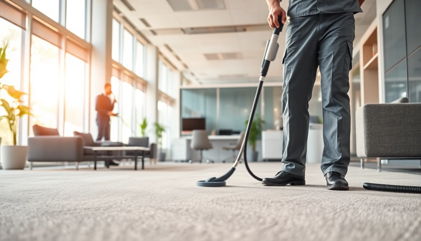 Expert technician performing commercial carpet cleaning in a professional office with modern decor.