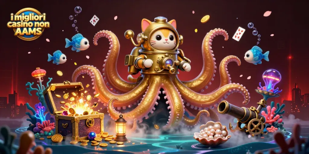 Immagine colorata dei migliori casino non AAMS con kraken e attrezzature da gioco nel fondo marino.