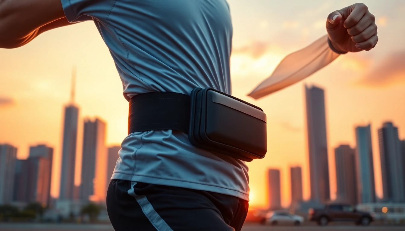 Runner showcasing running belts in action during a sunset marathon.