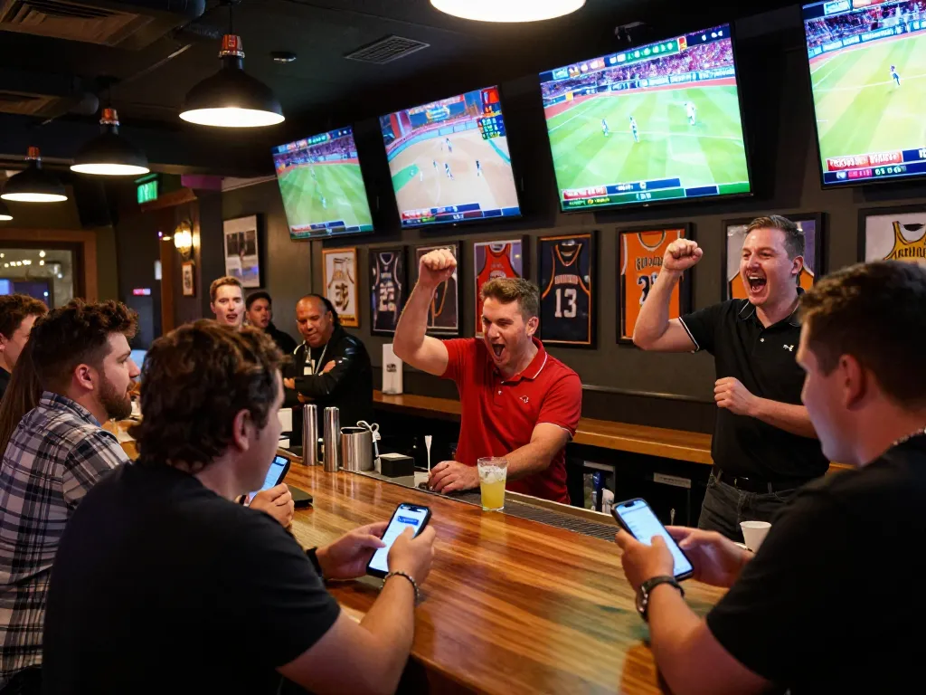 Exciting sports betting scene at a bar, where patrons are actively placing bets on rr88bet.