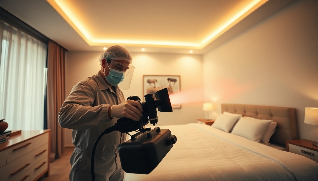 Technician executing bed bug heat treatment in a modern bedroom.