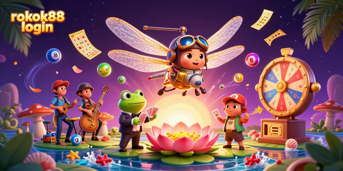 Play exciting games at rokok88 login with vibrant scenes filled with lottery balls and a frog croupier.