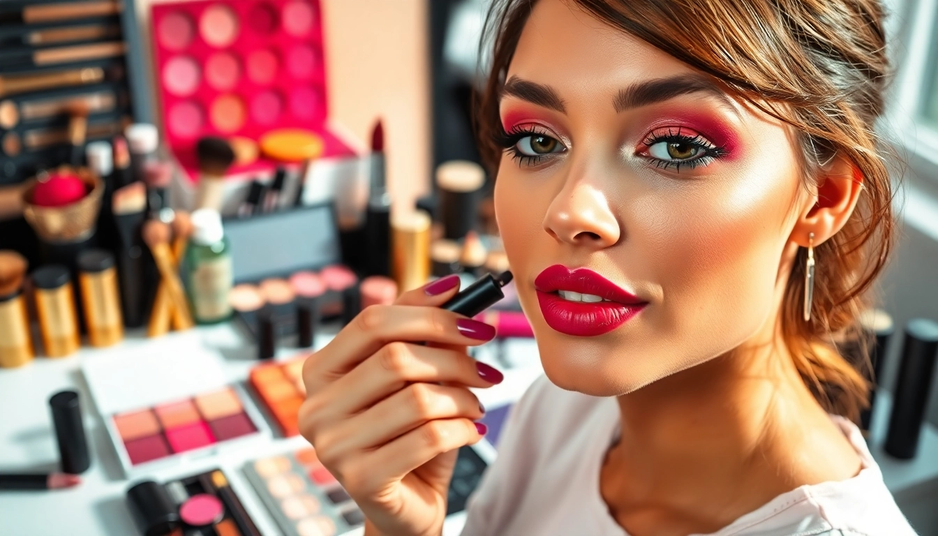 Engaging makeup courses featuring a makeup artist applying vibrant cosmetics in a professional studio.