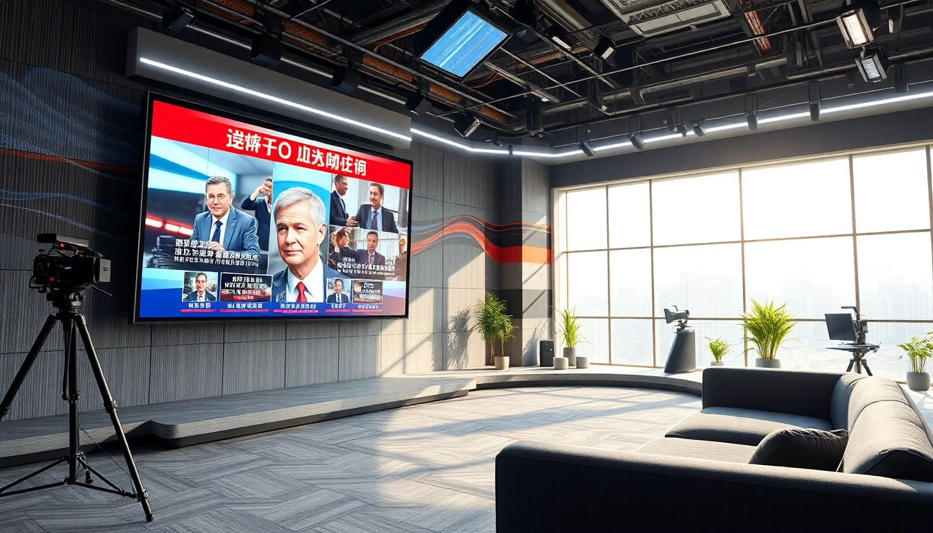 Engaging news studio features dynamic headlines and images with a modern setup.