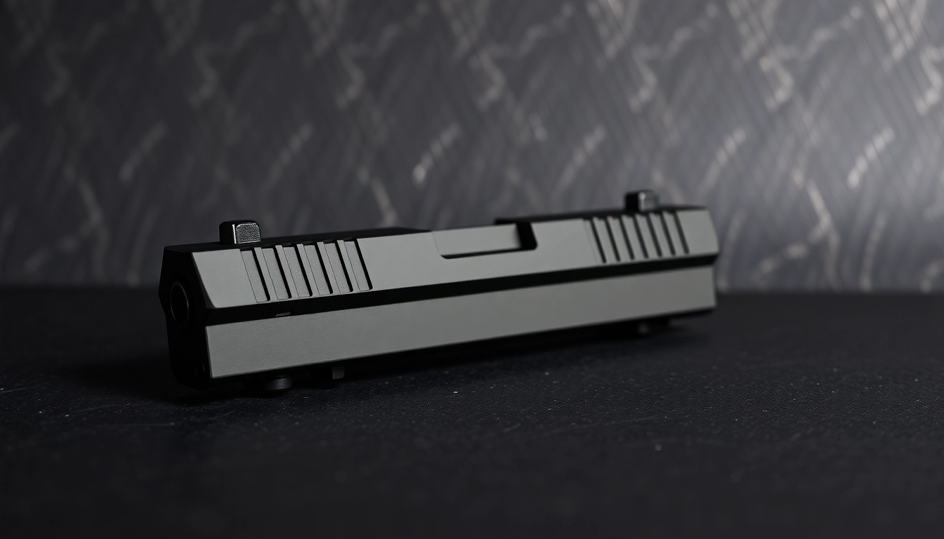 Buy Glock 19 slide featuring precise craftsmanship and sleek design on a dark background.