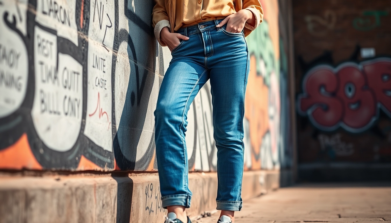 Stylish model wearing womens boyfriend jeans against a vibrant urban backdrop.