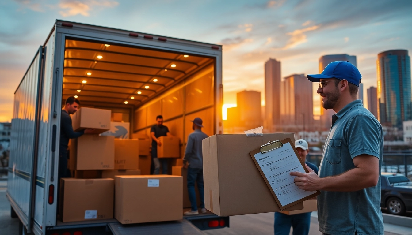Experienced long distance movers Calgary efficiently packing boxes into a moving truck against a sunset skyline.