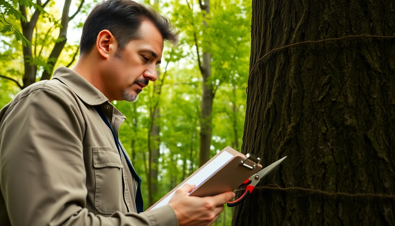Tree Consultancy expert analyzing tree health in a vibrant forest, showcasing professionalism and care.