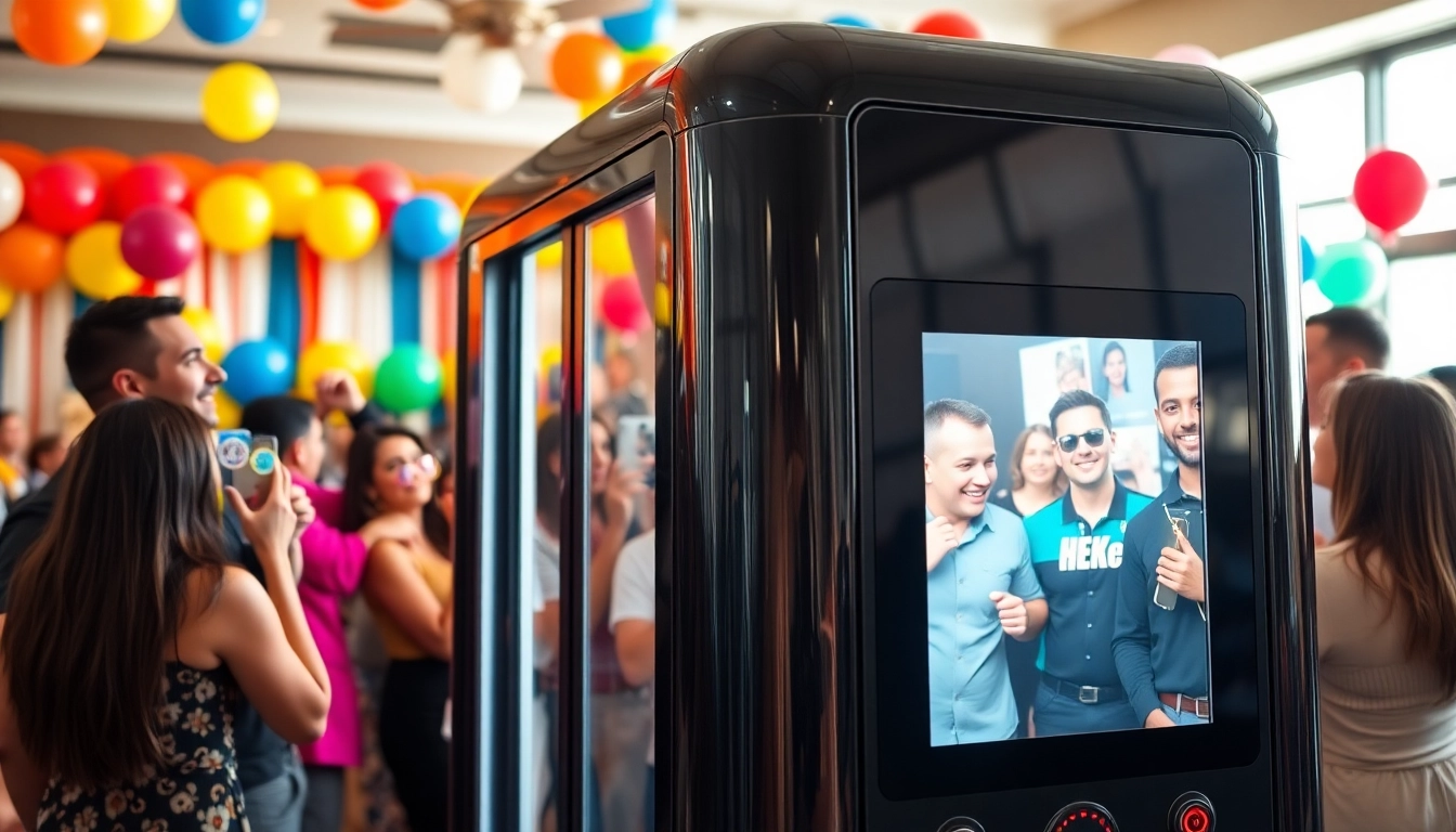 Capture memories with a stylish photo booth rental at your event, featuring cheerful guests and vibrant props.