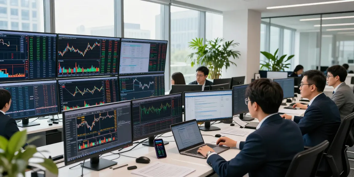 Traders analyzing real time market data in a dynamic trading room filled with multiple screens.