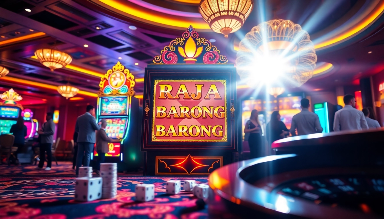 Engaging players hitting the jackpot on the Raja Barong slot machine in a vibrant casino setting.
