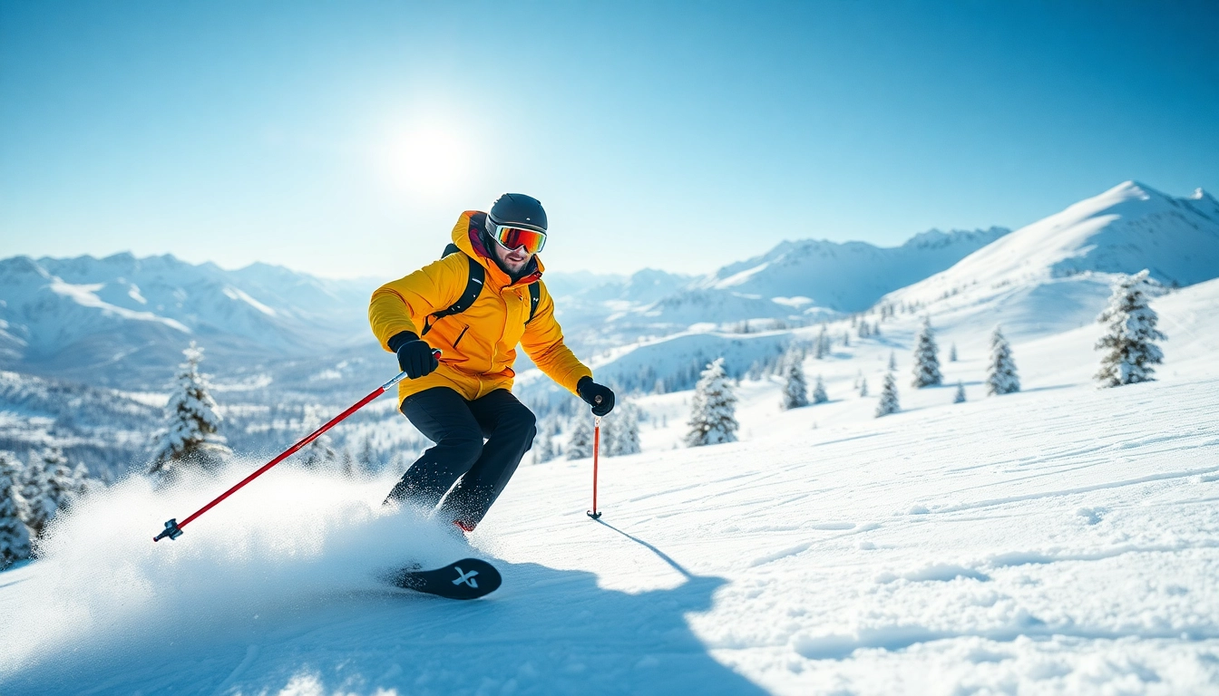 Skier showcasing vibrant ski jackets while navigating snowy slopes, highlighting performance and style.