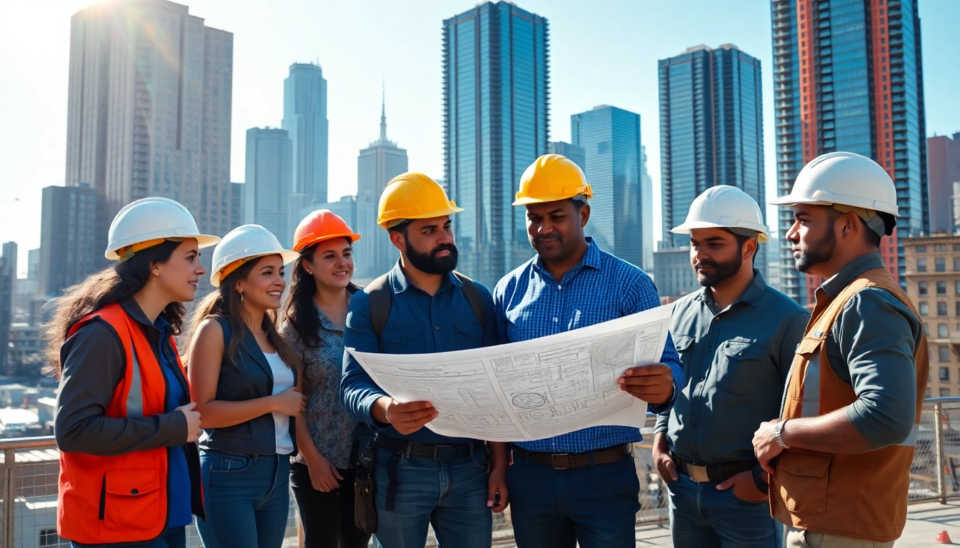 New York City Commercial General Contractor collaborating with a team on-site with skyscrapers.