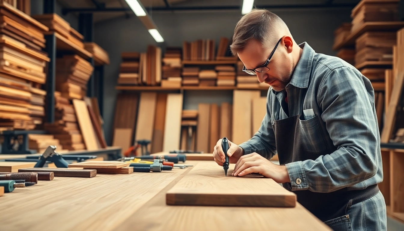 Craftsman creating custom cabinets in a well-lit workshop, showcasing skill and craftsmanship.