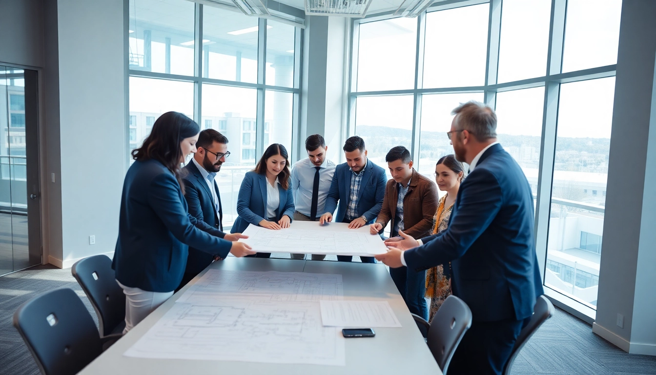 Members of a construction association collaborate on project plans in a professional setting.