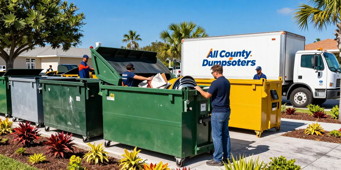 Dumpster rental in Port Charlotte FL showcased with a variety of dumpster sizes and team members efficiently managing waste.