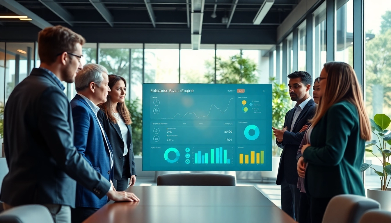 Collaborative team analyzing an enterprise search engine dashboard in a modern office setting.