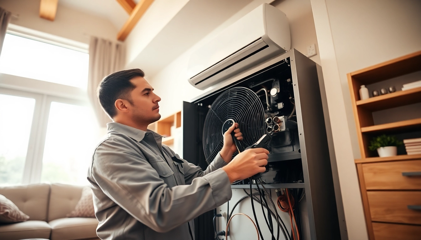 HVAC services Minneapolis technician repairing heating unit in a bright home.