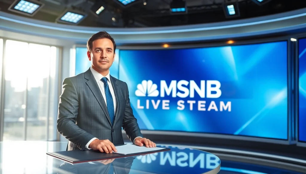 Watch MSNBC Live Stream with a professional anchor providing updates in a modern newsroom.