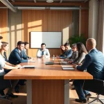 Accounting Firm team collaborating in a modern conference room setting with bright lighting.