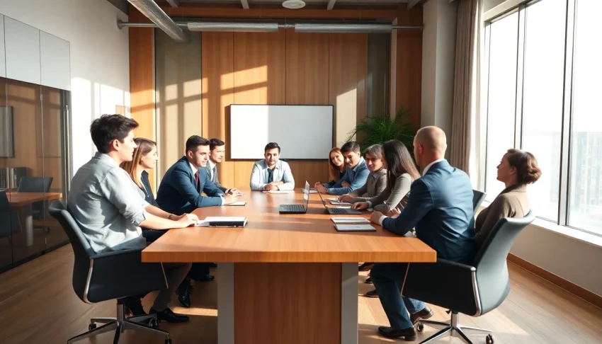 Accounting Firm team collaborating in a modern conference room setting with bright lighting.