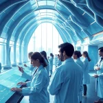 Engaging scene of researchers at www.trilgameshproject.com examining data on human longevity in a modern lab.