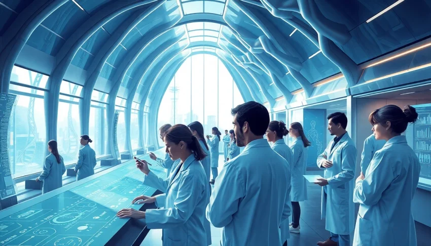 Engaging scene of researchers at www.trilgameshproject.com examining data on human longevity in a modern lab.