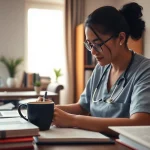 Tips to writing a nursing essay illustrated in a focused study environment with books and materials.